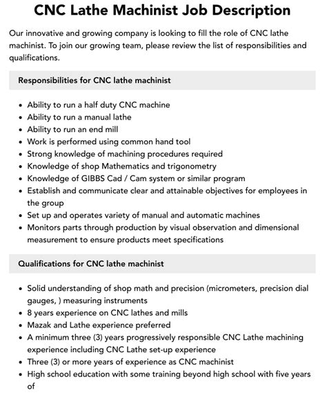 cnc machine job description|cnc lathe machinist job description.